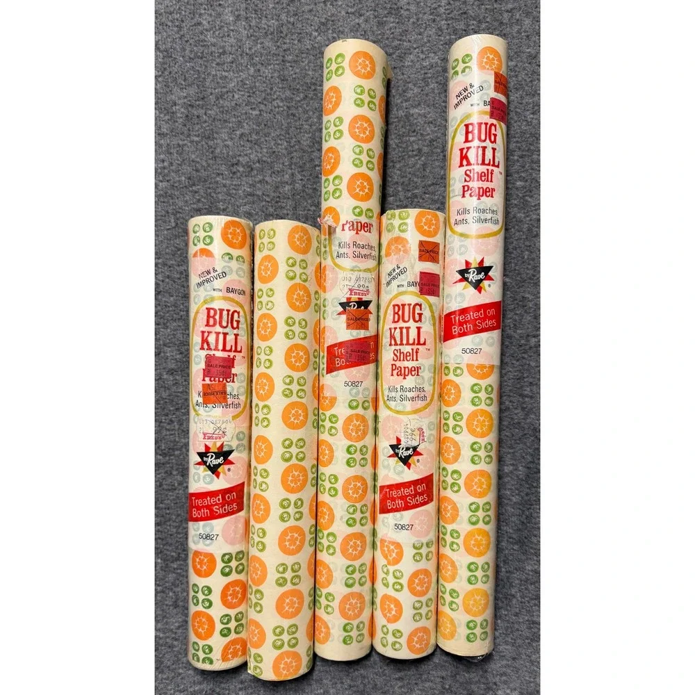 Vintage Bug Kill Shelf Paper by Rave Baygon Treated 5 Rolls Orange Green Floral